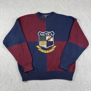 VTG 90s Nautica Preppy Sweater Red‎ Blue Color Block Crest Sz L